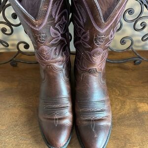 Women’s  Brown Leather Western Cowboy Boots with Purple Embroidery